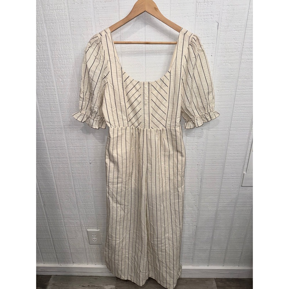 Umgee Jumpsuit Women Cream Black Striped Seersucker Puff Sleeve Wide Leg NWT S